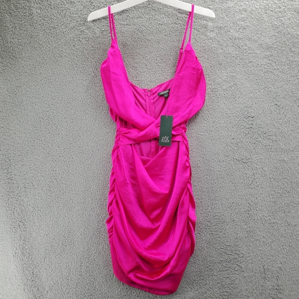 Wild Fable Dress Sleeveless Ruched Satin Bodycon Mini Vibrant Pink NWT
